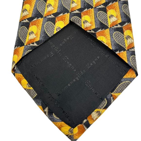 ERMENEGILDO ZEGNA Silk Tie Blue Gold Geometric Heart Pattern Designer Necktie - Picture 7 of 9